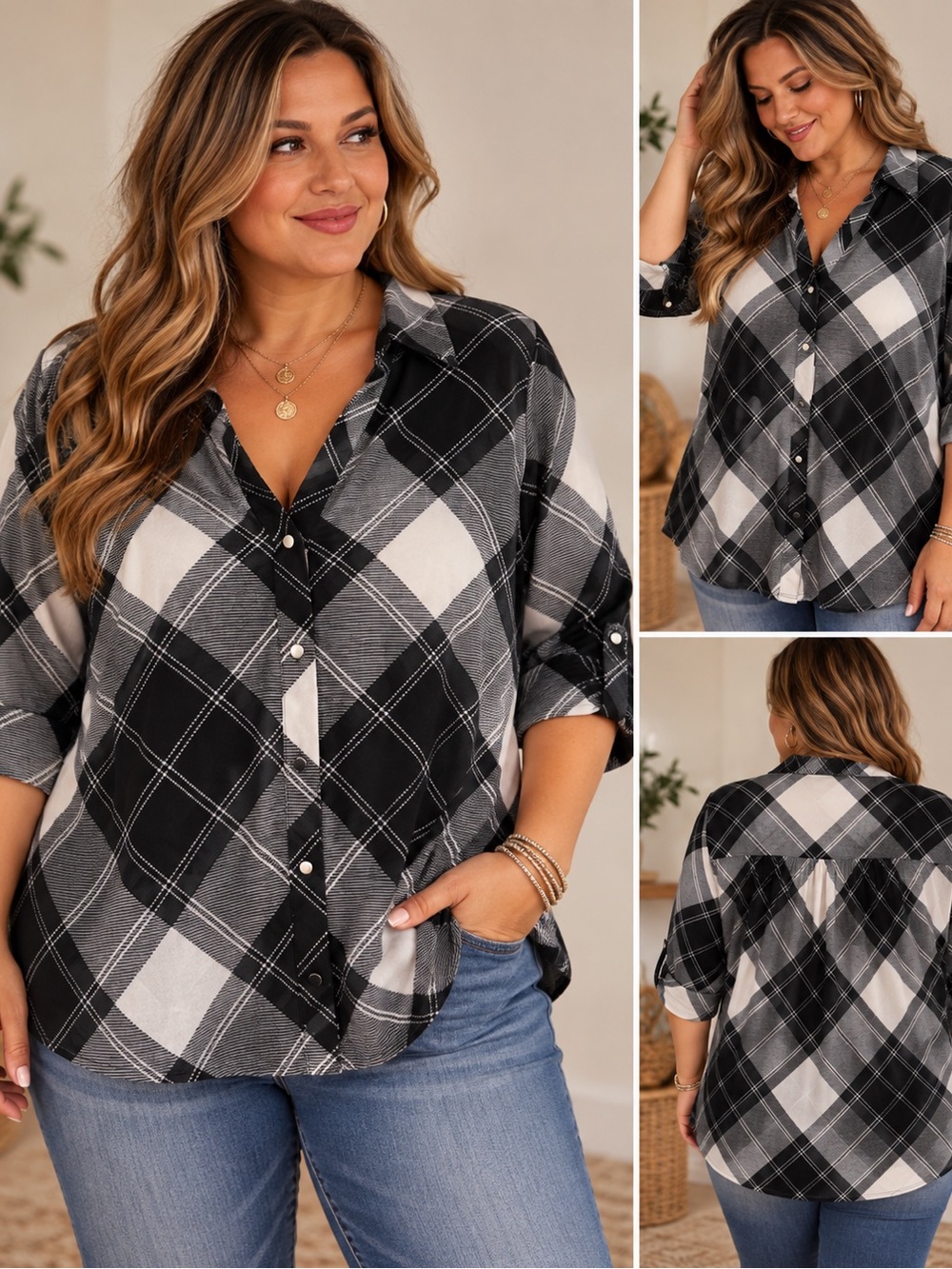 Ava & Grace Black and White Plaid Button-Down Shirt